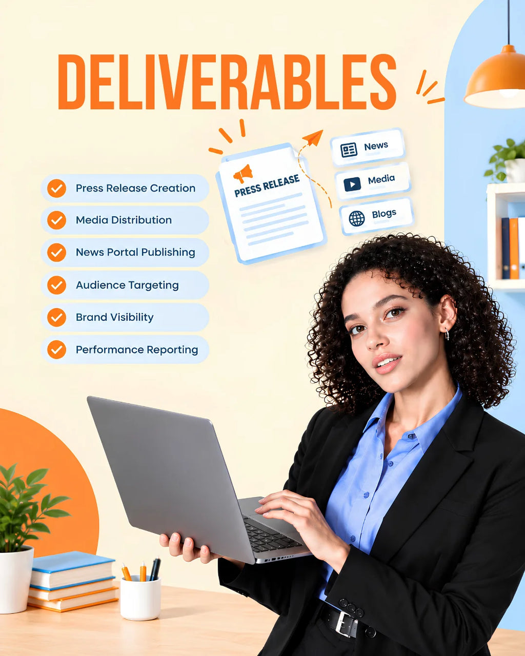 Press release distribution deliverables include press release writing, media distribution, news publication, brand mentions, backlink opportunities, and performance reports.
