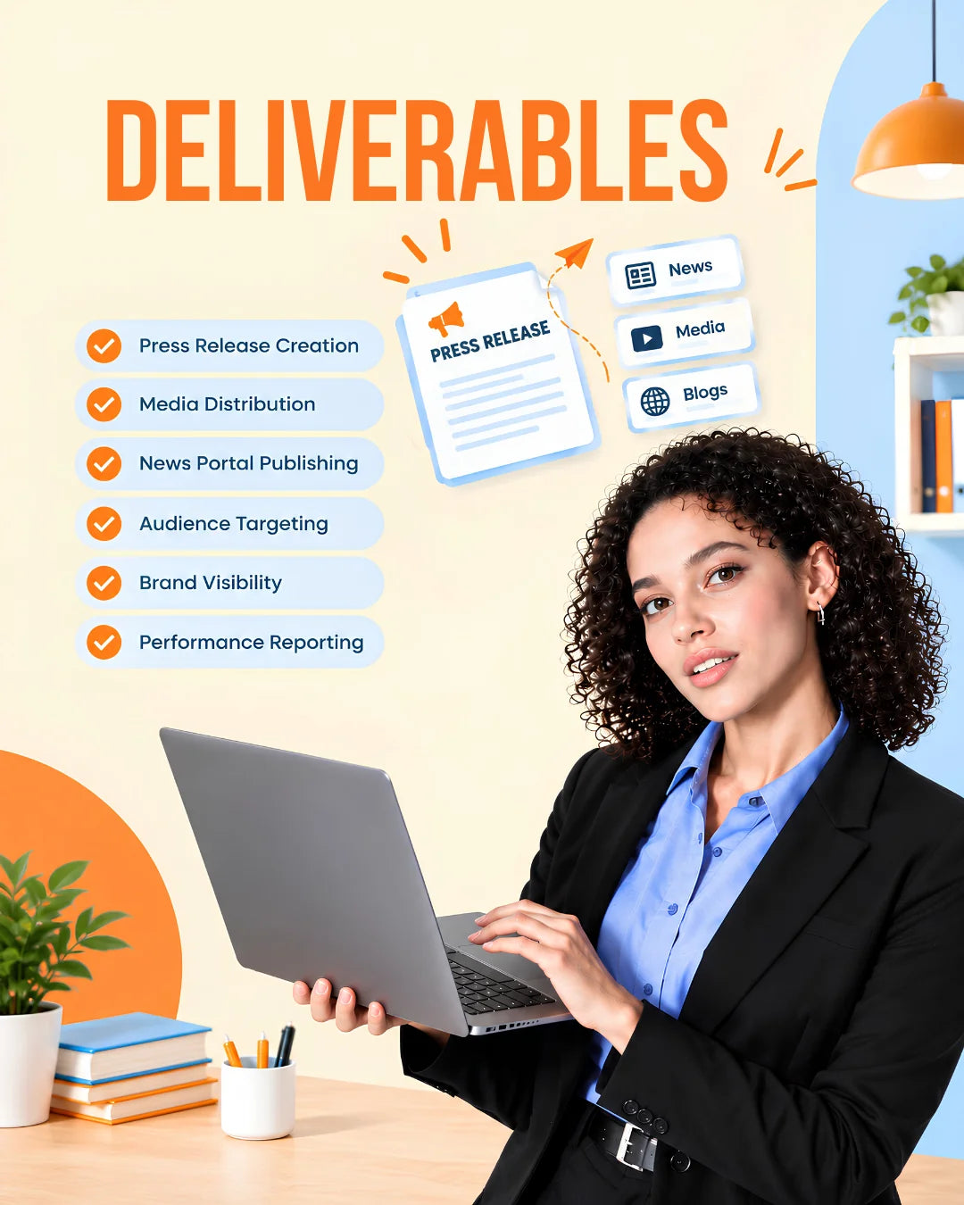 Press release distribution deliverables include press release writing, media distribution, news publication, brand mentions, backlink opportunities, and performance reports.