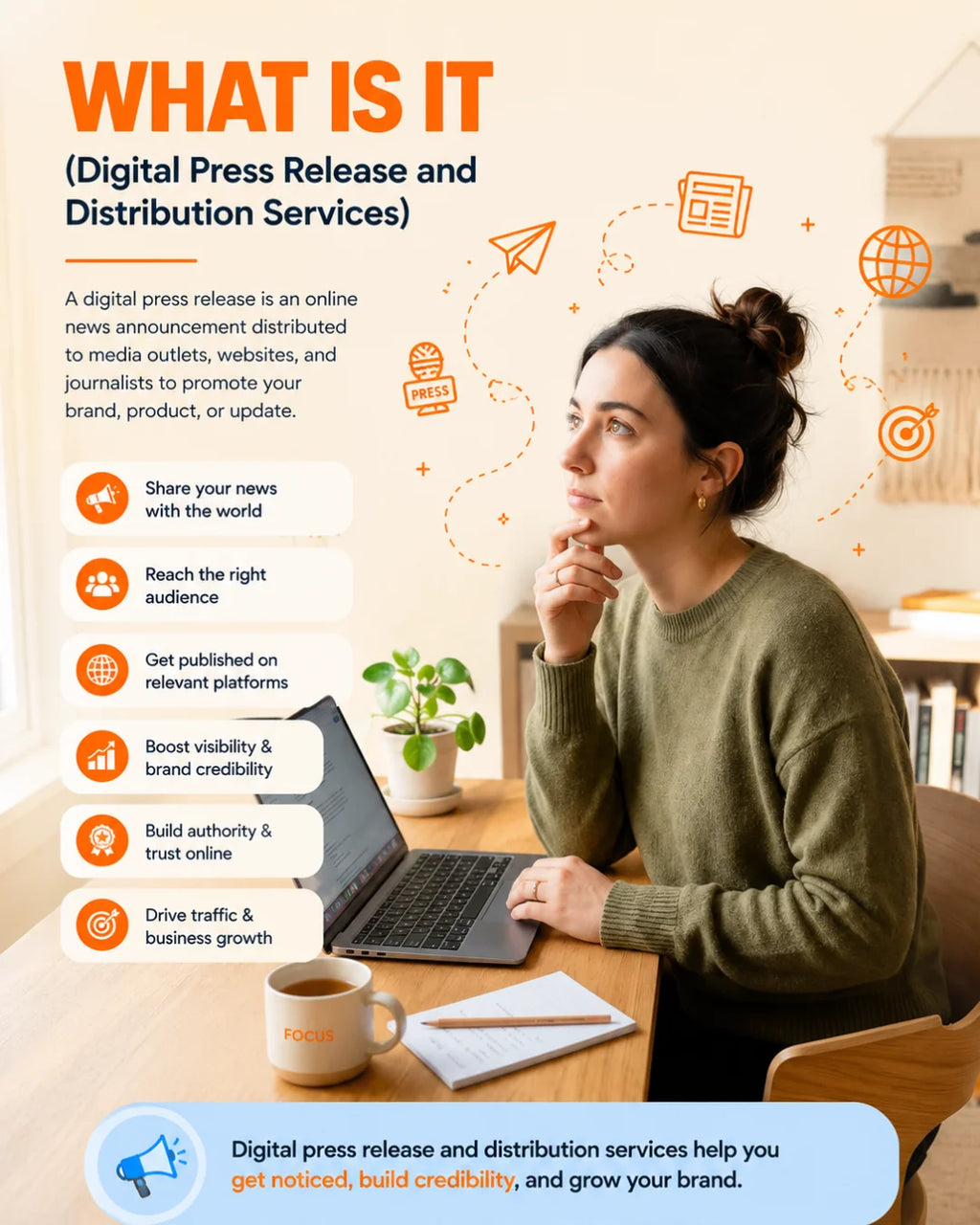 "Press release distribution service helping businesses gain media coverage, brand visibility, backlinks, online mentions, and authority through strategic news publication."